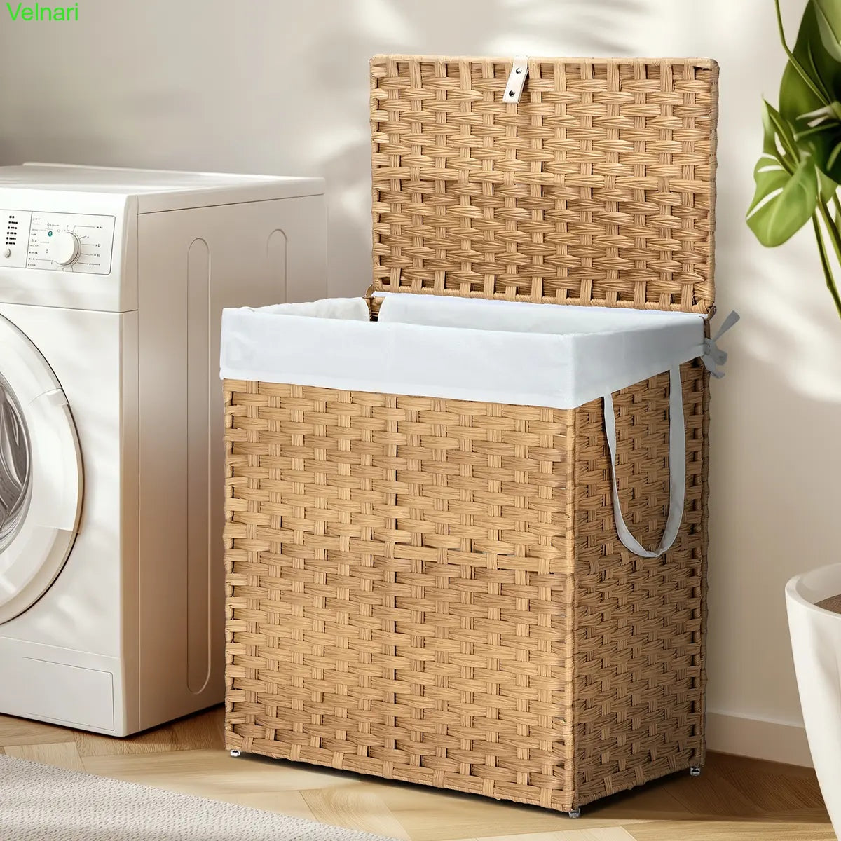 Woven Rattan Laundry Hamper with Lid & Steel Frame, Foldable Clothes Basket 90L/110L