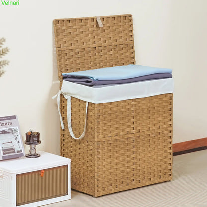 Woven Rattan Laundry Hamper with Lid & Steel Frame, Foldable Clothes Basket 90L/110L