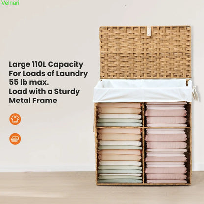 Woven Rattan Laundry Hamper with Lid & Steel Frame, Foldable Clothes Basket 90L/110L