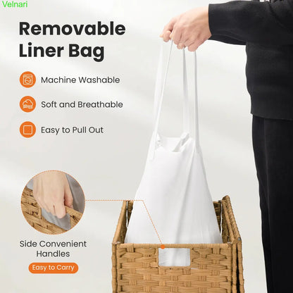 Woven Rattan Laundry Hamper with Lid & Steel Frame, Foldable Clothes Basket 90L/110L