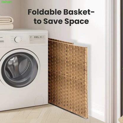 Woven Rattan Laundry Hamper with Lid & Steel Frame, Foldable Clothes Basket 90L/110L