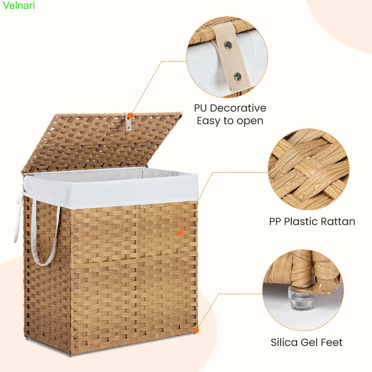 Woven Rattan Laundry Hamper with Lid & Steel Frame, Foldable Clothes Basket 90L/110L
