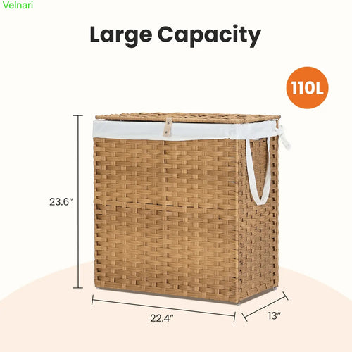 Woven Rattan Laundry Hamper with Lid & Steel Frame, Foldable Clothes Basket 90L/110L