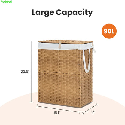 Woven Rattan Laundry Hamper with Lid & Steel Frame, Foldable Clothes Basket 90L/110L