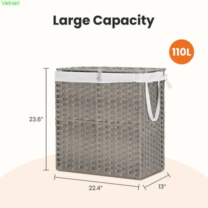 Woven Rattan Laundry Hamper with Lid & Steel Frame, Foldable Clothes Basket 90L/110L
